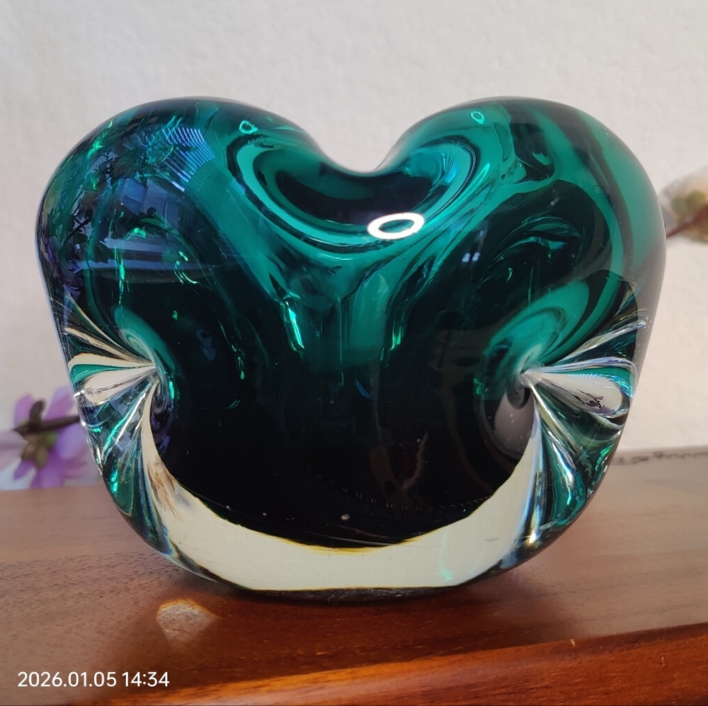 Vintage Murano Sommerso Emerald Green Glass Geode Bowl MCM Art Glass 3.12 lb